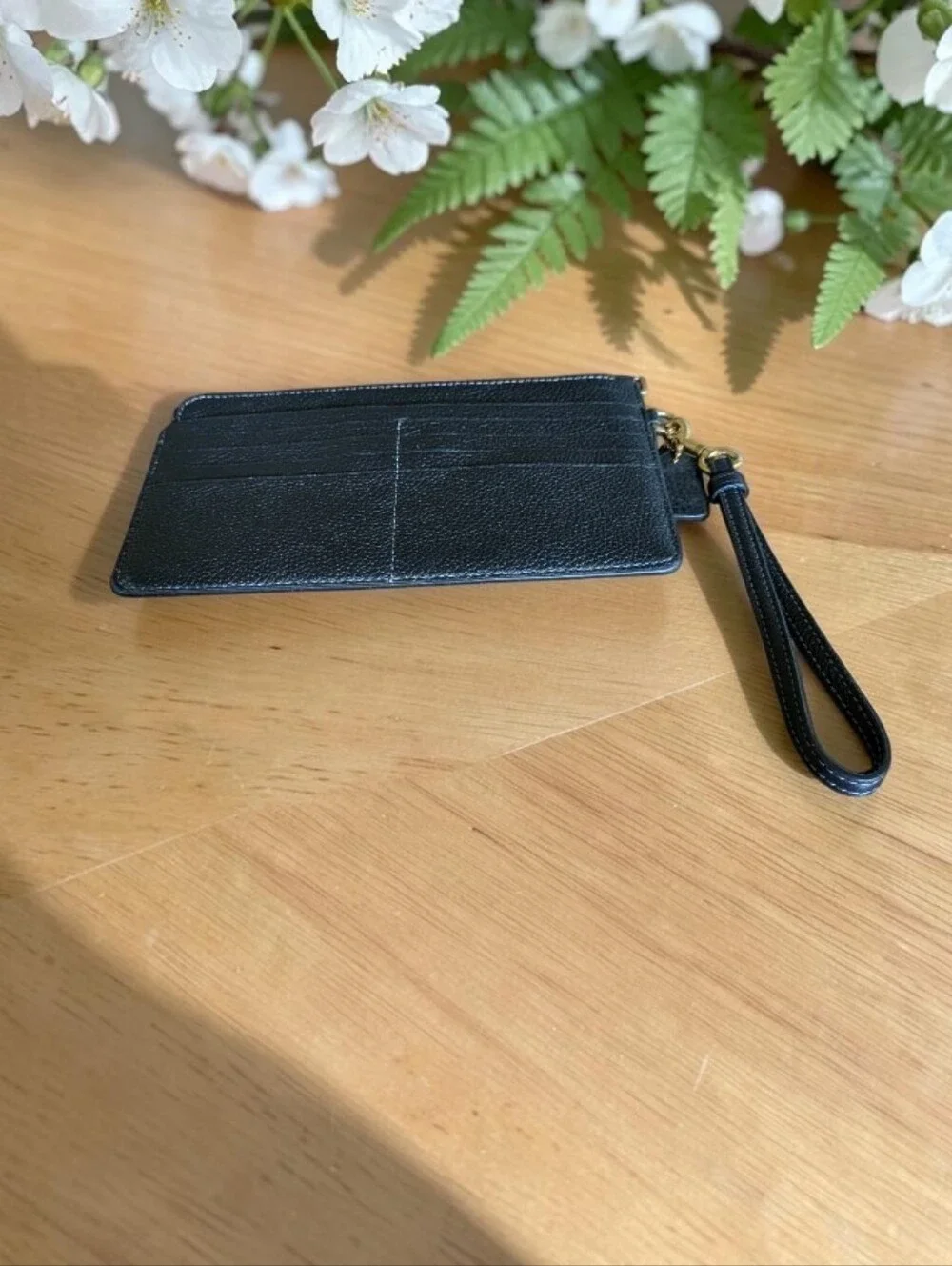 NWT Coach Black Pebbled Leather Wristlet with Gold 'C' Accent